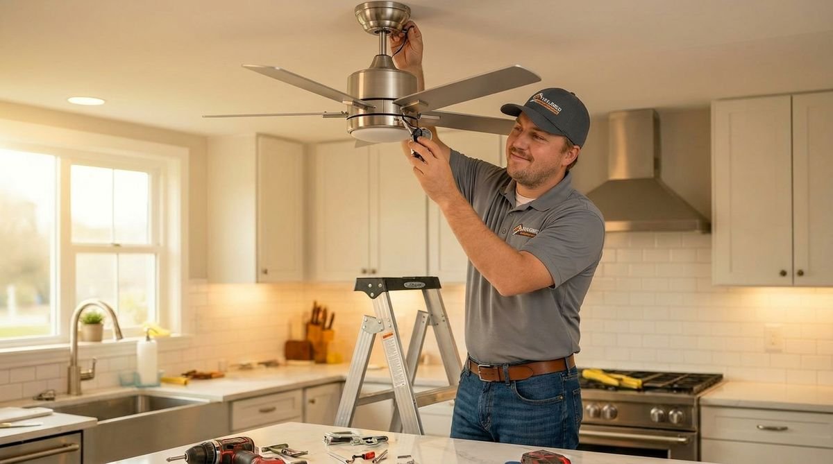 Professional handyman installing a light fixture